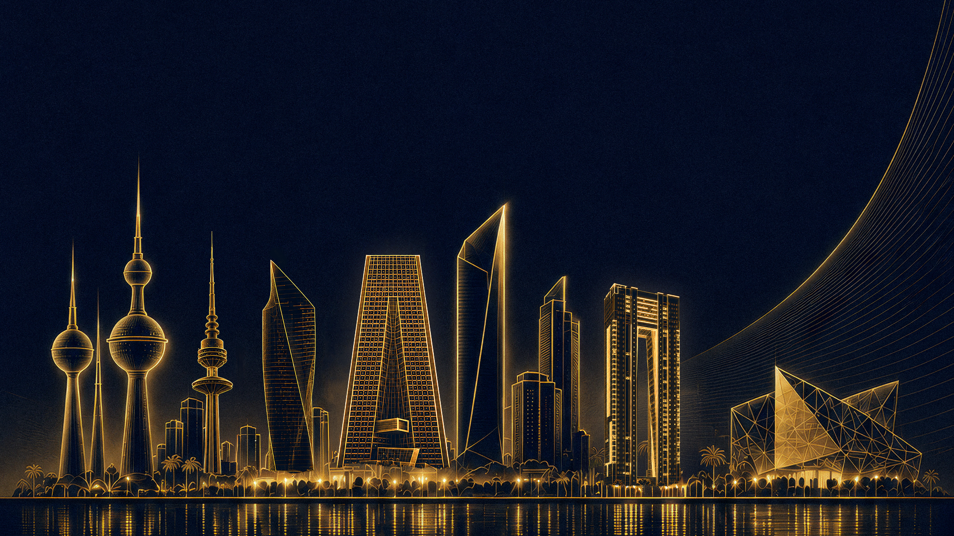 Illustration of the Kuwait City skyline at night, rendered in gold line-work